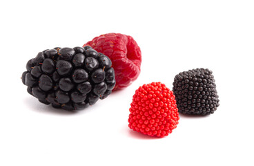 Raspberry and Blackberry Gummy Candies on a White Background