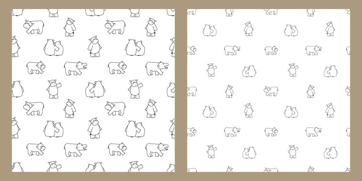 Set of two images with different spaces between animals. Black white outline hippo repeat pattern for coloring book. Hippopotamus stands, sits, gives a hug to female hippo, walks, looks to somewhere