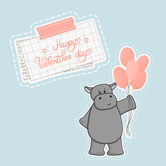 Happy Valentines Day lettering text on piece of paper under washi tape. Gray cartoon hippo holds pink gas balloons for some holiday isolated on blue background
