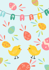 Greeting card with two chicken and eggs . Easter concept. Flat illustration