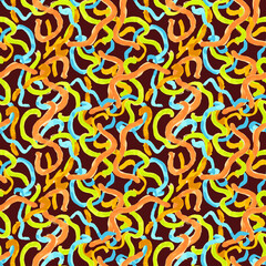Multicolored abstract seamless pattern on a brown background.