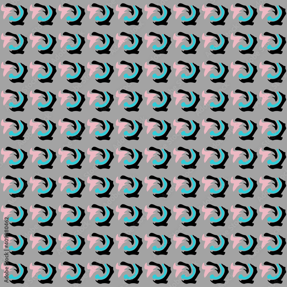 Aufkleber abstract symmetrical pattern with pink, turquoise and black objects on a gray background