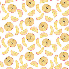 Cute seamless pattern of sliced apple on white background. Watercolor hand drawing illustration for digital paper or wallpaper.