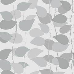 Gray branches of the leaves curl vertically. Endless pattern with hand drawn foliage. Floral seamless ornament with silhouettes of leaves in vintage style. Vector illustration for textile, wallpapers.