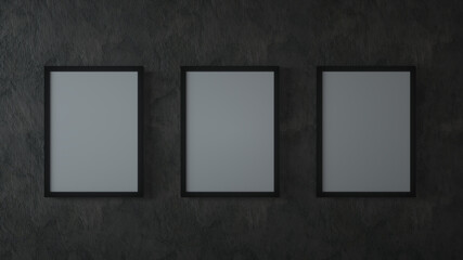 Blank three vertical posters on the black walll. 3d illustration