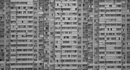 Panel high-rise apartment building exterior in Russia black and white