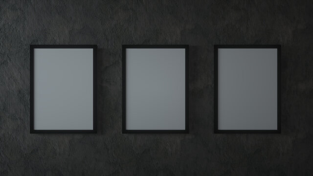 Blank three vertical posters on the black walll. 3d illustration