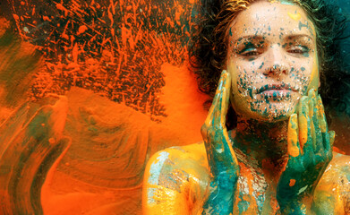 abstract art bodypainting of fantastic portrait of a sexy young brunette woman, dots of white, blue and orange color, artful background, make up, copy space.