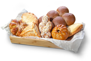 Composition various kinds of bakery products on paper on a white
