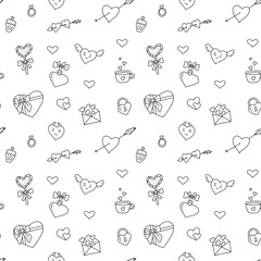 Set of elements for Valentine's Day. Doodle illustration on white background. Pattern
