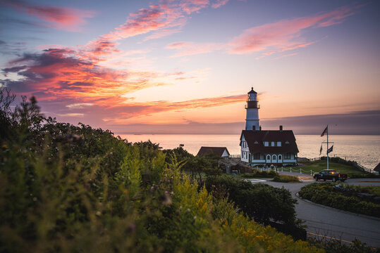 Sunrise at the Portland Head Light Lighthouse in Cape Elizabeth, Maine