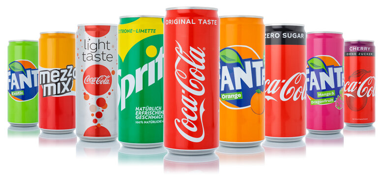 Coca Cola Coca-Cola Fanta Sprite products lemonade soft drinks in cans isolated on a white background