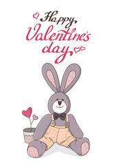 Vector hand-drawn illustration of a cute stuffed bunny. Greeting card for Valentines Day.