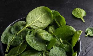 Baby spinach leaves with water drops in a ceramicn plate on a black background.