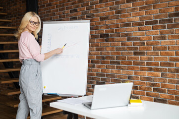 A confident female business coach, tutor conduct webinar, online training. A middle-aged woman...