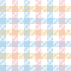 Gingham pattern in blue, pink, yellow, white. Multicolored vichy checked plaid graphic for gift wrapping paper, dress, tablecloth, or other modern spring and summer fashion textile print.
