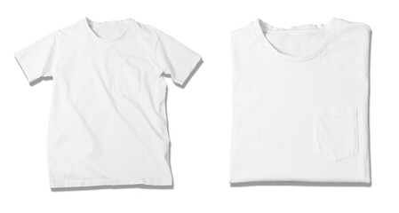 Basic white Tshirt isolated on white background. Mock up for branding t-shirt with pocket. 