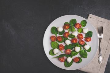 Salad with mozzarella and baby spinach on light ceramic plate, linen napkin and silver fork. Matte toned