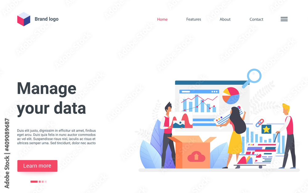 Poster Manage your data concept vector illustration. Cartoon business people team in data information processing workflow, teamwork on planning process research, digital files management landing page