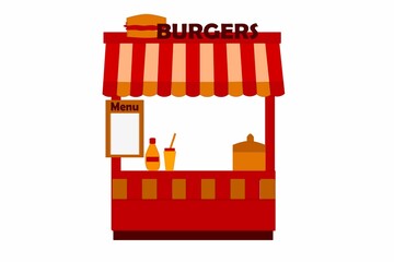 Obraz premium Kiosk, shop, outdoor booth for burgers, other food and drinks. Illustration of bright shades on a white background