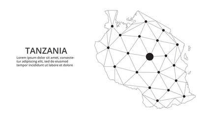 Tanzania communication network map. Vector low poly image of a global map with lights in the form of cities. Map in the form of a constellation, mute and stars.