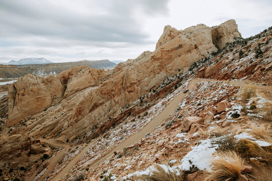 Burr trail switchback with light snow. Capital Reef National Park Utah