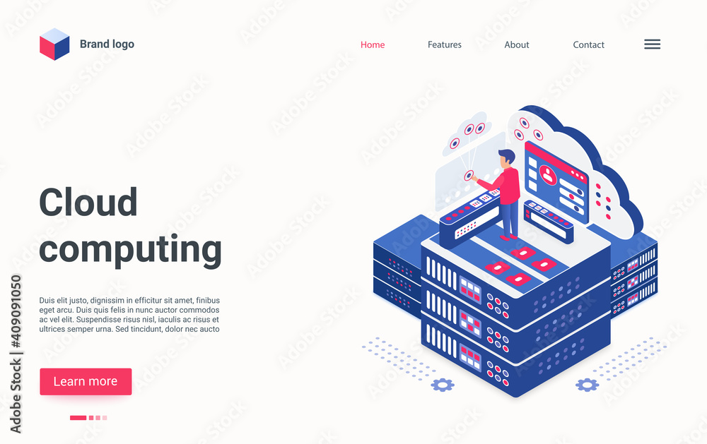 Poster Cloud computing tech concept isometric vector illustration. Cartoon 3d admin engineer technician character working on computer or server host center, smart modern datacenter technology landing page