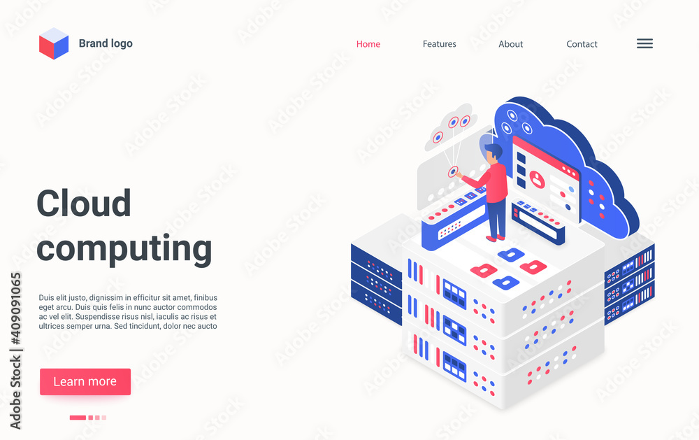 Poster Cloud computing service isometric vector illustration. Cartoon 3d tiny character using cloud server infrastructure, working online with data on digital dashboard, modern technology landing page