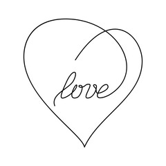 Heart with the lettering love, continuous line. Vector illustration, isolated on a white background.
