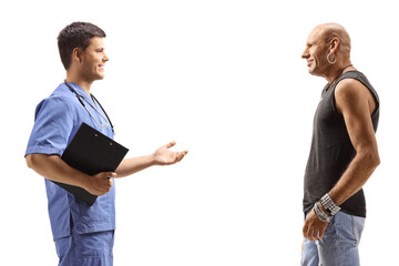 Doctor in a blue uniform talking to a male hipster