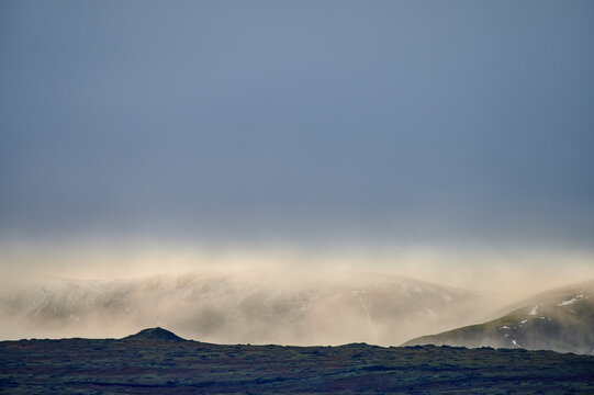 Northern wild nature scenery with foggy mountain range