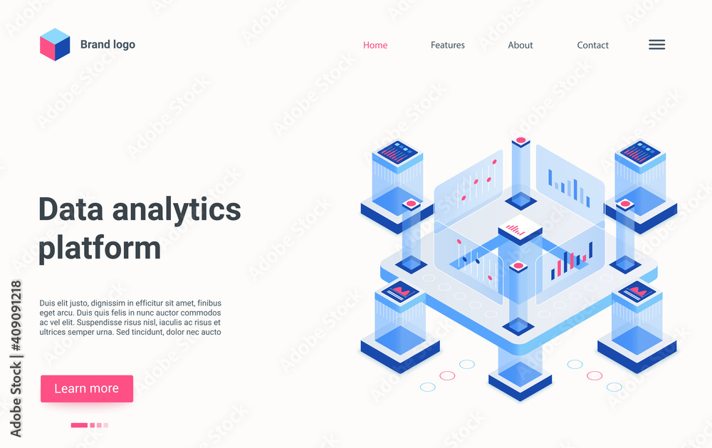Poster Data analytics platform, automation technology isometric vector illustration. Cartoon workstation supercomputer structure for automatic data processing and tech analysis, computer network landing page