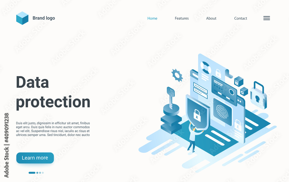 Aufkleber Data protection isometric vector illustration. Cartoon 3d security internet technology to protect personal data information from crime hacker attack, fingerprint signature verification landing page