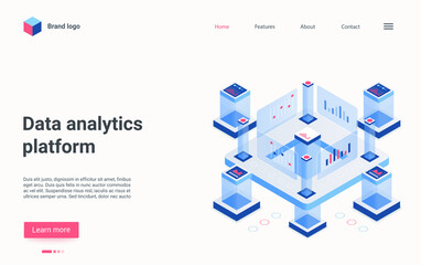 Data analytics platform, automation technology isometric vector illustration. Cartoon workstation supercomputer structure for automatic data processing and tech analysis, computer network landing page