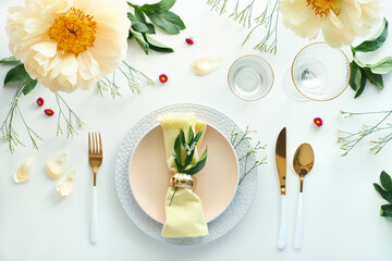 Effortless golden birthday dinner table decor. Pale yellow peony flowers and Late Spring, Summer...