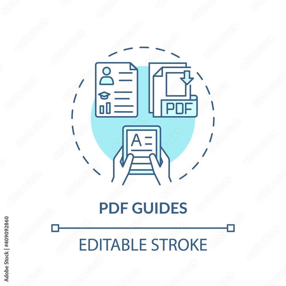Poster pdf guides concept icon. online teaching digital resources. step by step guide to get new skills ide
