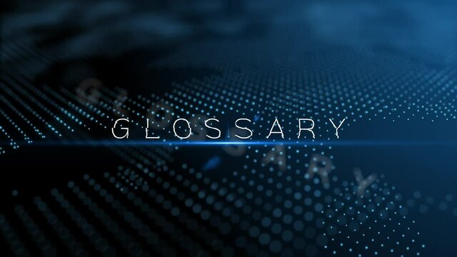 Glossary text word animation with lens flare and depth of field focus blur modern background