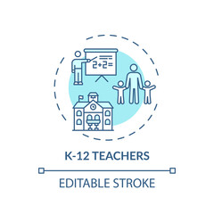 K 12 teachers concept icon. Online teaching jobs types. Learner teaches between kindergarten and twelfth grades idea thin line illustration. Vector isolated outline RGB color drawing. Editable stroke