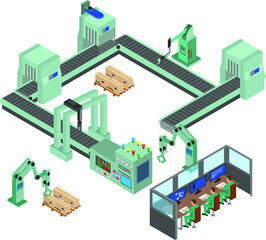 Automated factory assembly line with robotic arm and conveyor belt controlled manufacturing process isometric poster vector illustration.