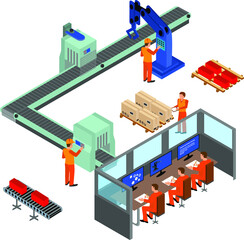 Automated factory assembly line with robotic arm and conveyor belt controlled manufacturing process isometric poster vector illustration.