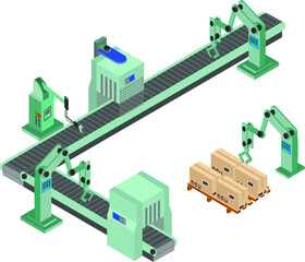 Automated factory assembly line with robotic arm and conveyor belt controlled manufacturing process isometric poster vector illustration.