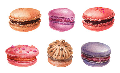 Valentine's macaroons clipart.Watercolor pink, lavender, raspberry, and caramel macarons .Set of French macarons.Vector watercolor bakery clipart.Watercolor sweet desserts.