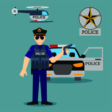 Police vector illustration set. Cartoon flat policeman and criminal characters on arrest emergency, police officer people in uniform or bulletproof vest with handcuffs, cop profession isolated on whit