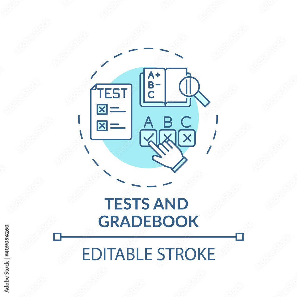 Poster tests and gradebook concept icon. online course management system elements. way to check students gr
