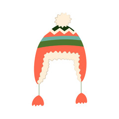 Hand drawn vector illustration of warm winter woolen hat in scandinavian style. Trendy flat design elements for winter clothing.