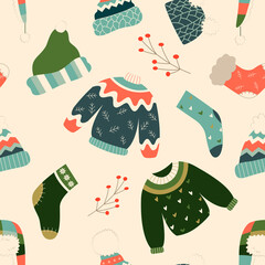 Big winter, christmas and new year set with presents, sweaters, hats, socks. Vector illustration in cute cartoon style. Seamless pattern.