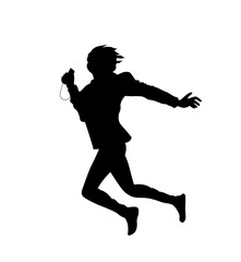 Active man jumping vector illustration. Boy listening to the music silhouette