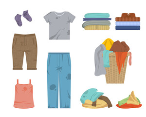 Cartoon Color Dirty and Clean Clothes Icons Set. Vector