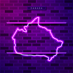 Canada map glowing neon lamp sign. Realistic vector illustration. Country name plate. Purple brick wall, violet glow, metal holders.