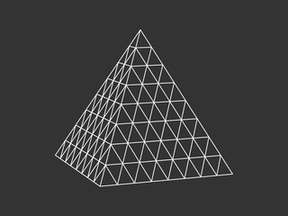 Contour geometric grid pyramid. White 3d triangle on black space with mathematical digital network tracery creative polygonal vector structure.